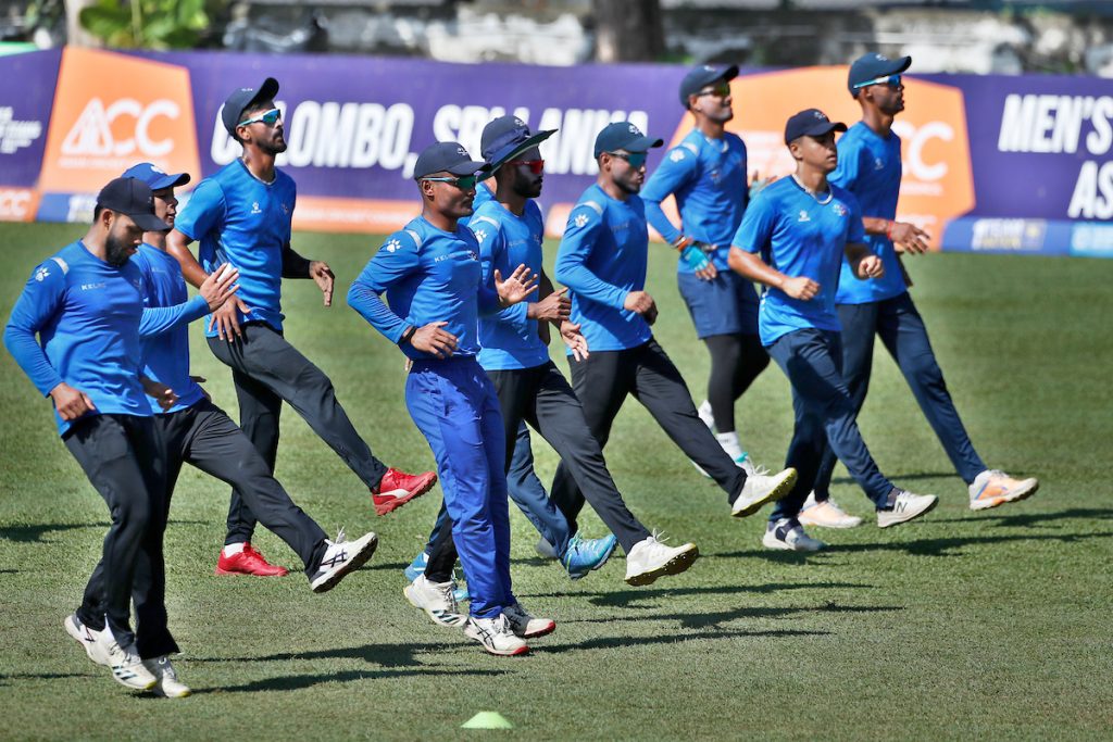 Nepal players warmup before the start of the ACC Men's Emerging Teams Asia Cup 2023 cricket match between Pakistan A and Nepal at the Colombo Cricket Club Ground, Colombo, Sri Lanka on July 14, 2023. Photo by: Pankaj Nangia / Creimas / Asian Cricket Council