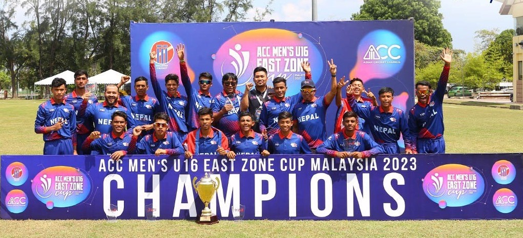 Nepal won the ACC U-16 East Zone Cup cricket title by defeating the home team Malaysia by a huge margin of 221 runs.