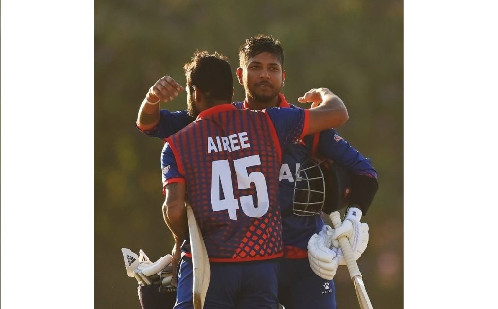 HARARE, ZIMBABWE - JULY 02: Dipendra Airee and Sandeep Lamichhane of Nepal celebrate victory in the ICC Men's Cricket World Cup Qualifier Zimbabwe 2023 Playoff match between Nepal and United Arab Emirates at Takashinga Cricket Club on July 02, 2023 in Harare, Zimbabwe. (Photo by Alex Davidson-ICC/ICC via Getty Images)
